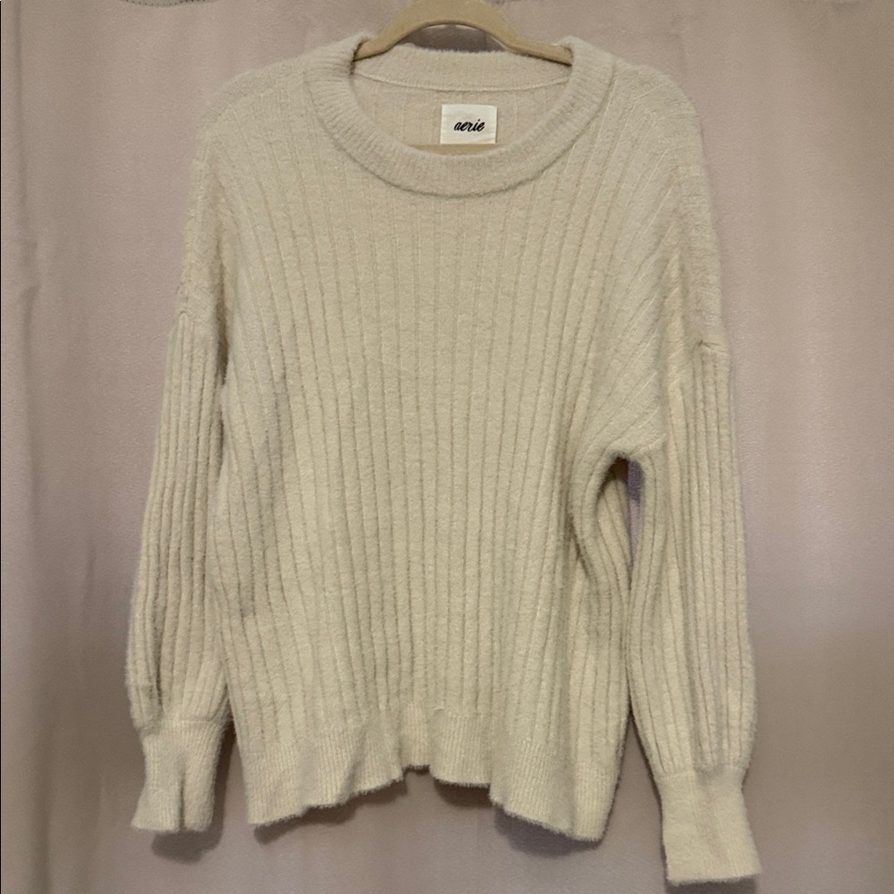 Aerie Cream Ribbed Crew Neck Sweater